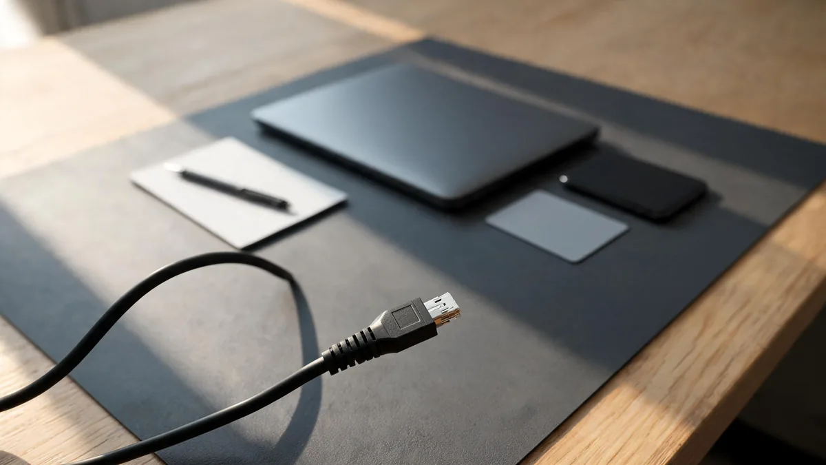 Aufgerolltes Netzwerkkabel mit freiliegendem Stecker am Rand einer Schreibtischmatte, dahinter ein zugeklappter Laptop und ein Smartphone — der erste Schritt: das Gerät vom Netz trennen