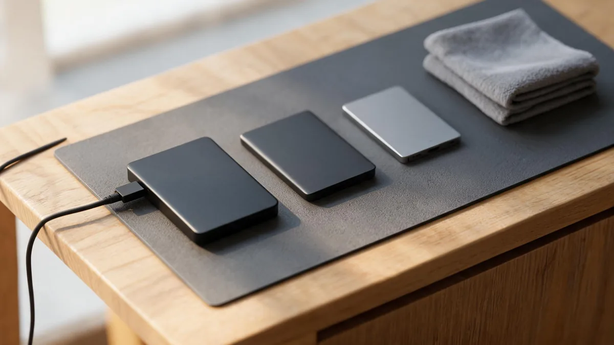 Drei externe Festplatten nebeneinander auf einer Schreibtischmatte, die vordere per Kabel angeschlossen, rechts daneben ein gefaltetes Tuch