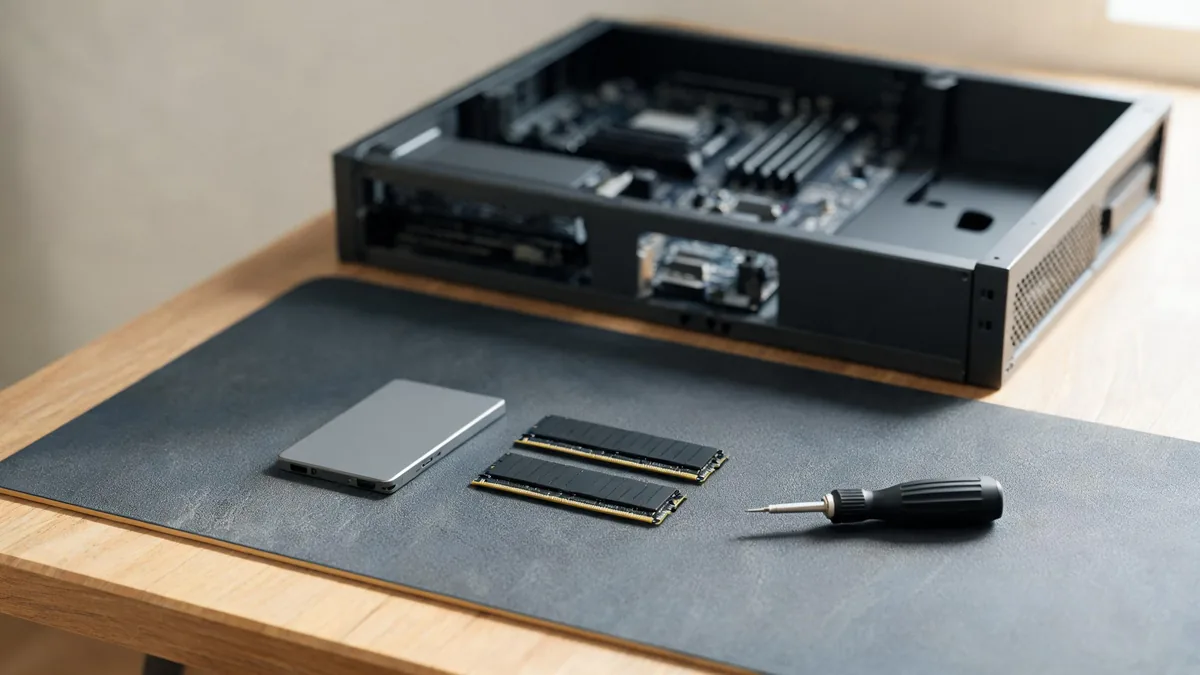 Eine SSD, zwei Arbeitsspeicher-Riegel und ein Schraubendreher liegen auf einer Schreibtischmatte, dahinter der flach liegende, geöffnete Rechner mit sichtbarem Mainboard
