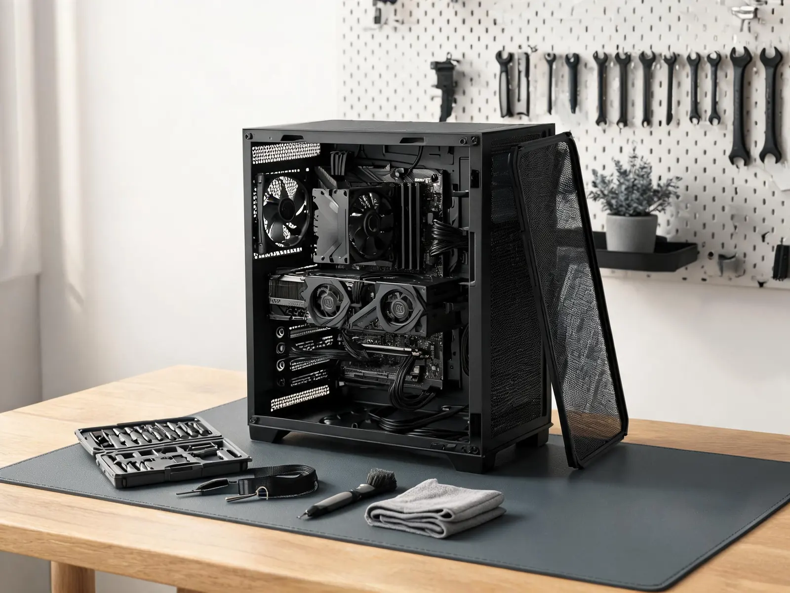 Geöffneter schwarzer PC auf der Werkbank: das Seitenteil steht daneben, im Gehäuse sind Prozessorkühler, Grafikkarte und Lüfter zu sehen — davor ein Bit-Kasten, ein Antistatik-Armband, ein Pinsel und ein Mikrofasertuch